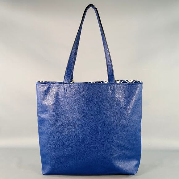 MARIO VALENTINO Blue White Reversible Chevron Pebble Grain Leather Tote Handbag - Picture 6 of 10